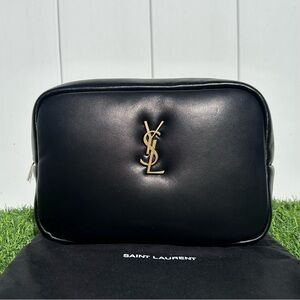 SAINT LAURENT CALYPSO POUCH CLUTCH BLACK CALFSKIN LEATHER GOLD YSL CASSANDRE NEW